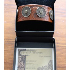 Handmade 5 1976  Nederland Coin Leather Bracelet in Brown With Scroll Design.